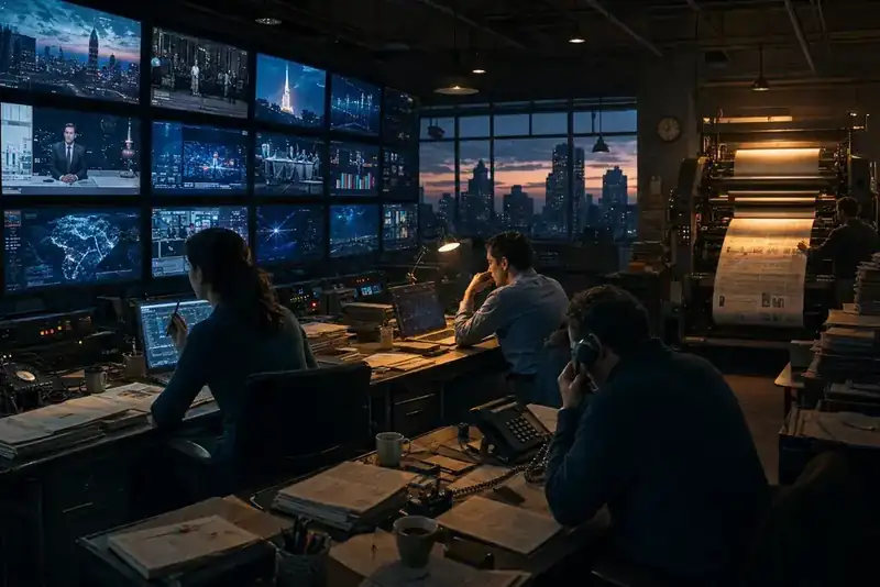 Editors verify the morning's streaming-industry news in a pre-dawn newsroom as the press begins to run.