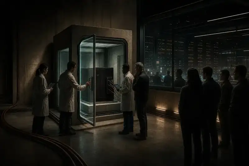 Engineers and a security reviewer open a sealed compute chamber beside a publisher's live auction core.