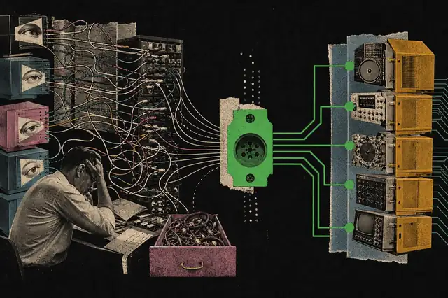 An exhausted engineer faces tangled bespoke cables that collapse through one green universal connector into orderly reusable lines.