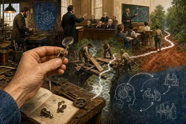 A workshop, courtroom, schoolroom, and muddy road joined by a repaired bridge and a small idea-tool held in one hand.