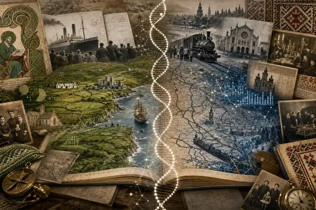 An emigrant atlas split between Irish and Central European family histories, stitched together by a glowing DNA strand.