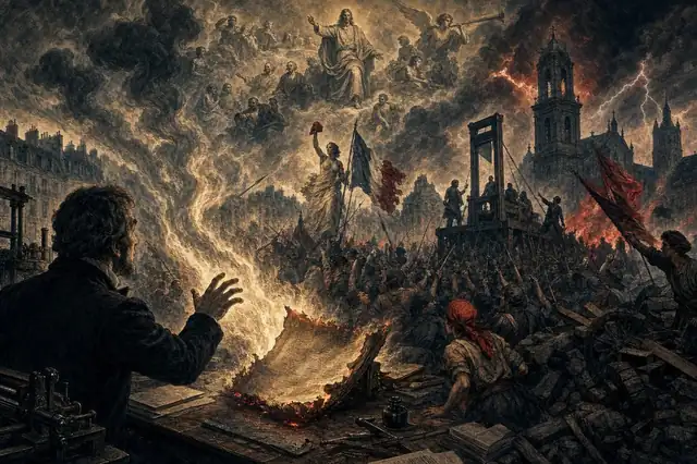 A burned manuscript rising into a storm-lit revolutionary Paris street with crowd, scaffold, church bell, and apocalyptic cloud.