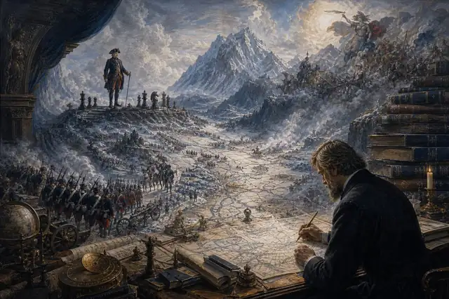 A Prussian campaign map and writing desk merging into snowy mountains, marching columns, and stacked archival volumes.