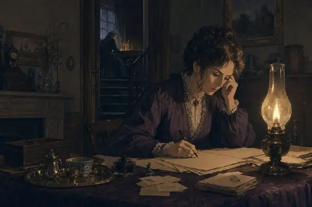 Jane Welsh Carlyle writes at a lamp-lit table covered with letters and household papers while Thomas works upstairs in the distance.