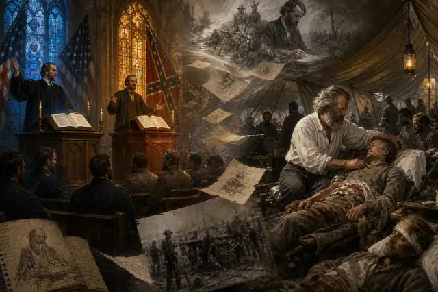 A split sanctuary and Civil War hospital tent, with rival pulpits and Whitman tending wounded soldiers.