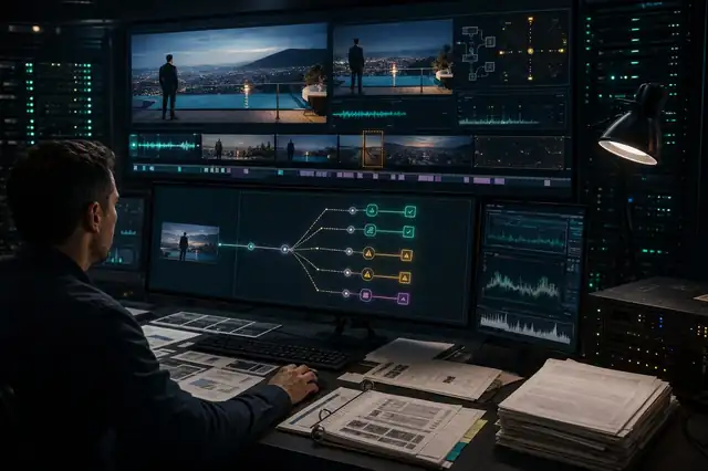 An analyst studies a streaming server room where one clean video stream branches into several risky verification paths.