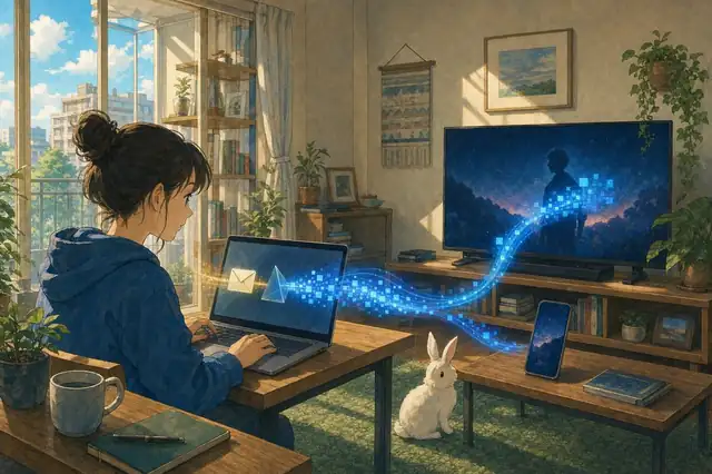 A viewer signs in on a laptop as an envelope passes through a prism and becomes a glowing token connected to a television and phone.