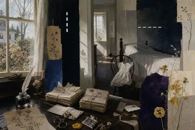 An Amherst bedroom-desk with fascicles, envelope scraps, pressed flowers, a white dress, and dark gaps like Dickinson dashes.