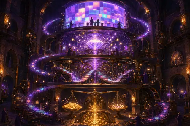 Inside a castle keep, a four-tier glowing machine — screen, lens, clockwork, and scales — with a ribbon of light circulating in a closed loop, tended by small engineers.