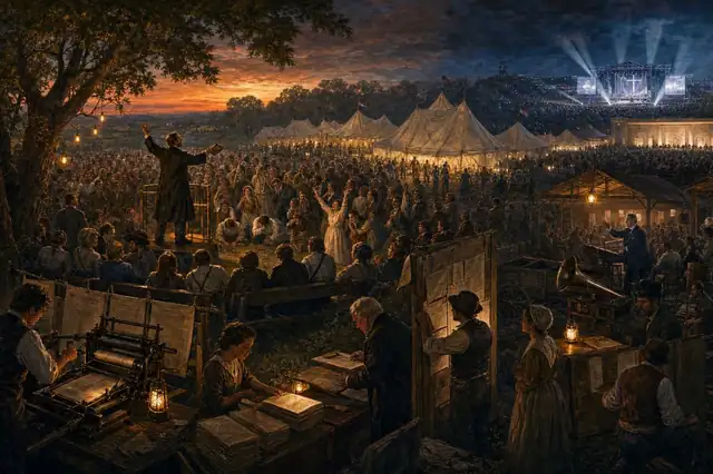 A revival field at dusk with preaching, camp tents, printed notices, lanterns, and later staging echoing in the distance.