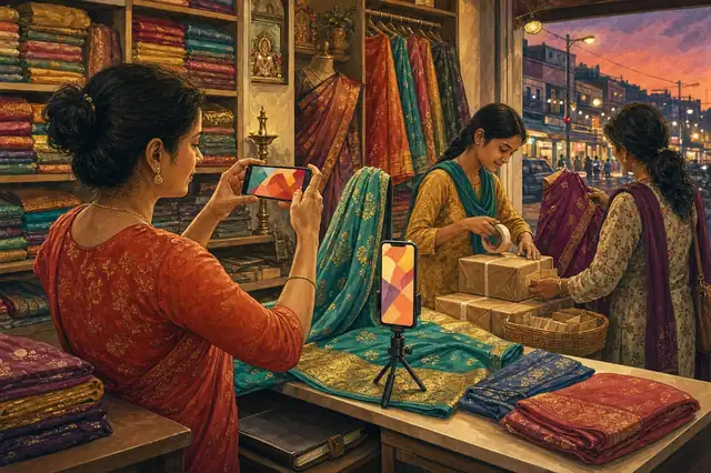 A small clothing-shop owner makes a video advertisement on her phone among shelves and parcels.