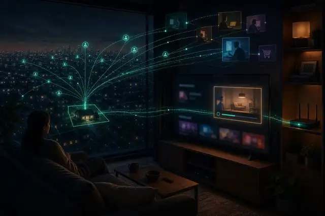 A night-time living room where teal network paths carry a TV ad request from a router into buyer consoles beyond the window.