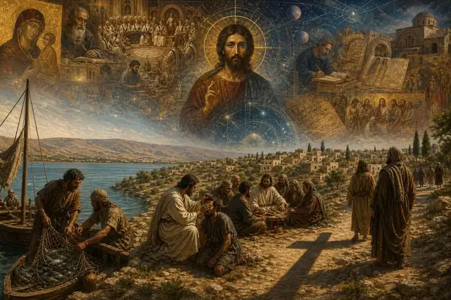 A Galilean hillside with Jesus among villagers, dissolving into councils, manuscripts, icons, and a luminous cosmic order.