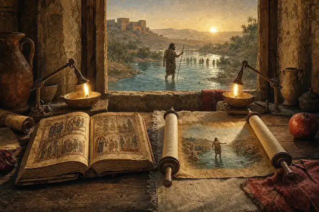 Two ancient source manuscripts on a desk overlooking the Jordan wilderness and a prophet in the river distance.