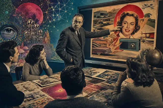 Marshall McLuhan points to a collage of advertisements while students sit around a table covered with comic strips.