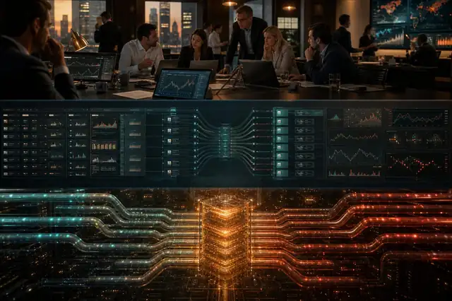 An executive trading room sits above layered dashboards and glowing signal pipes converging into one orchestration engine.