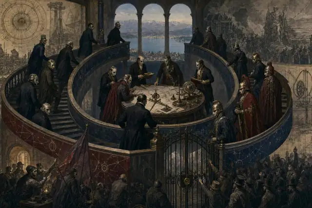 A Lake Geneva study with a circular staircase of political figures, ledgers, and engineering diagrams showing elite circulation.