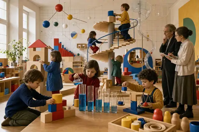 Children in a bright playroom building blocks, pouring water, and climbing a spiral stage structure while researchers observe.