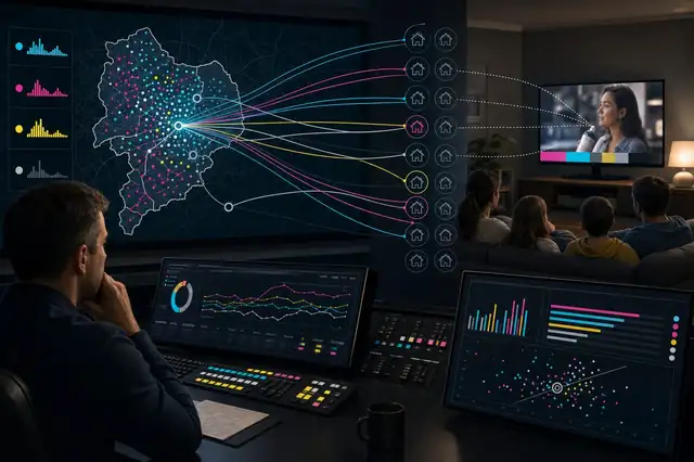 A political planner traces one district's audience dots through household matches to a family watching a streaming ad on television.