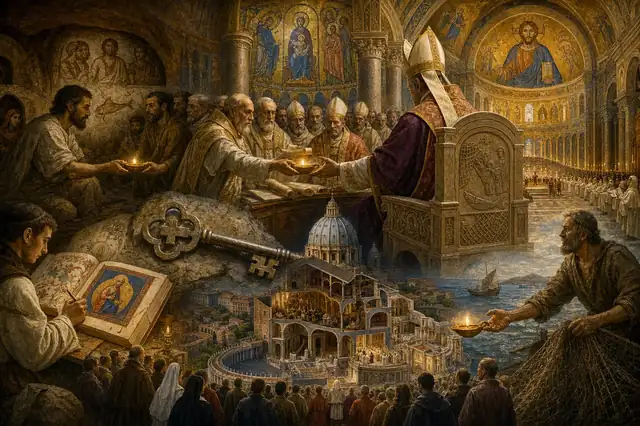 A gold-ground Catholic scene with catacombs, a stone key, council scrolls, and clergy passing a lamp through centuries.