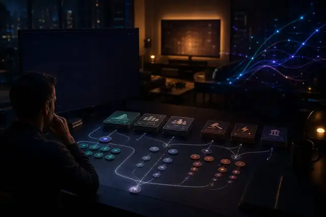 A forecaster studies empty market boards while arranging base-rate cards, scenario branches, and probability tokens on a dark desk.
