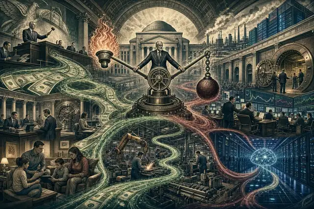 An engraved banknote-style financial room where a river of currency flows through Treasury, banks, households, factories, and markets.