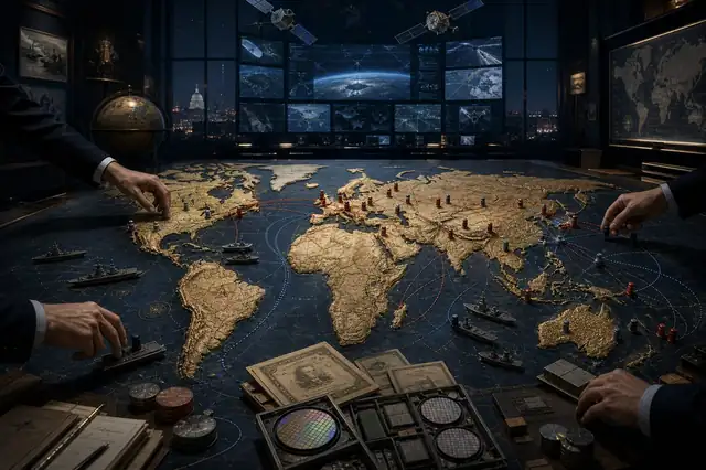 A strategy room table with alliance pins, naval routes, satellites, and hands moving pieces across a world map.